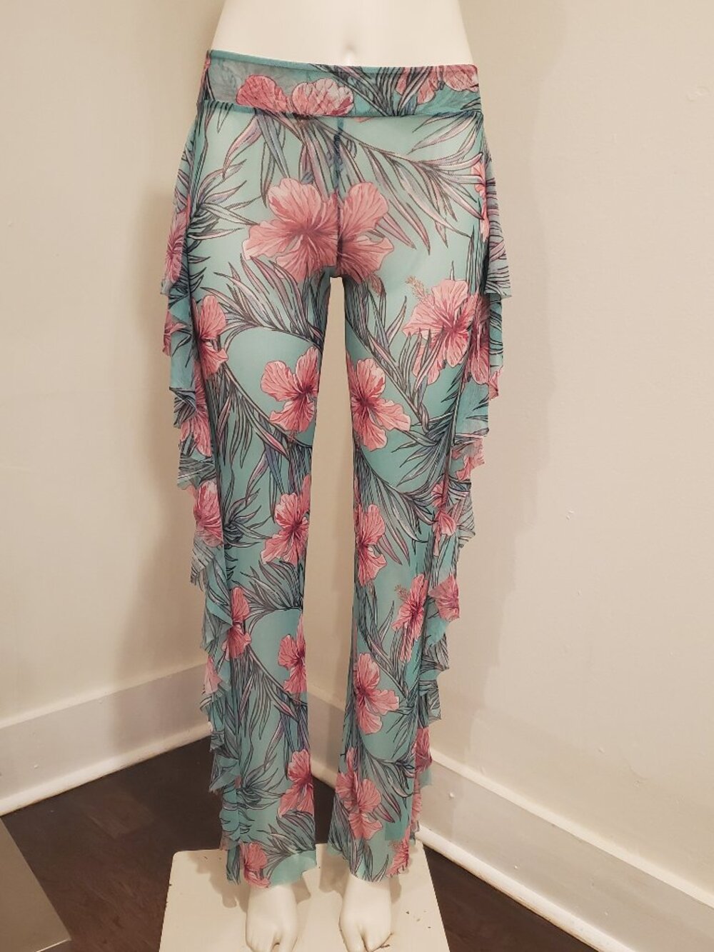 Love 83 Tropical Sheer Mesh Ruffle Side Pants Swim Cover Up Floral Flare Small S